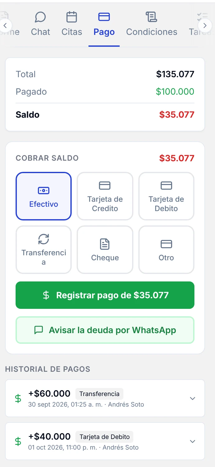 Pestaña Pago de una orden con el saldo de 35.077 pesos, el bloque Cobrar saldo y el historial con dos abonos anteriores