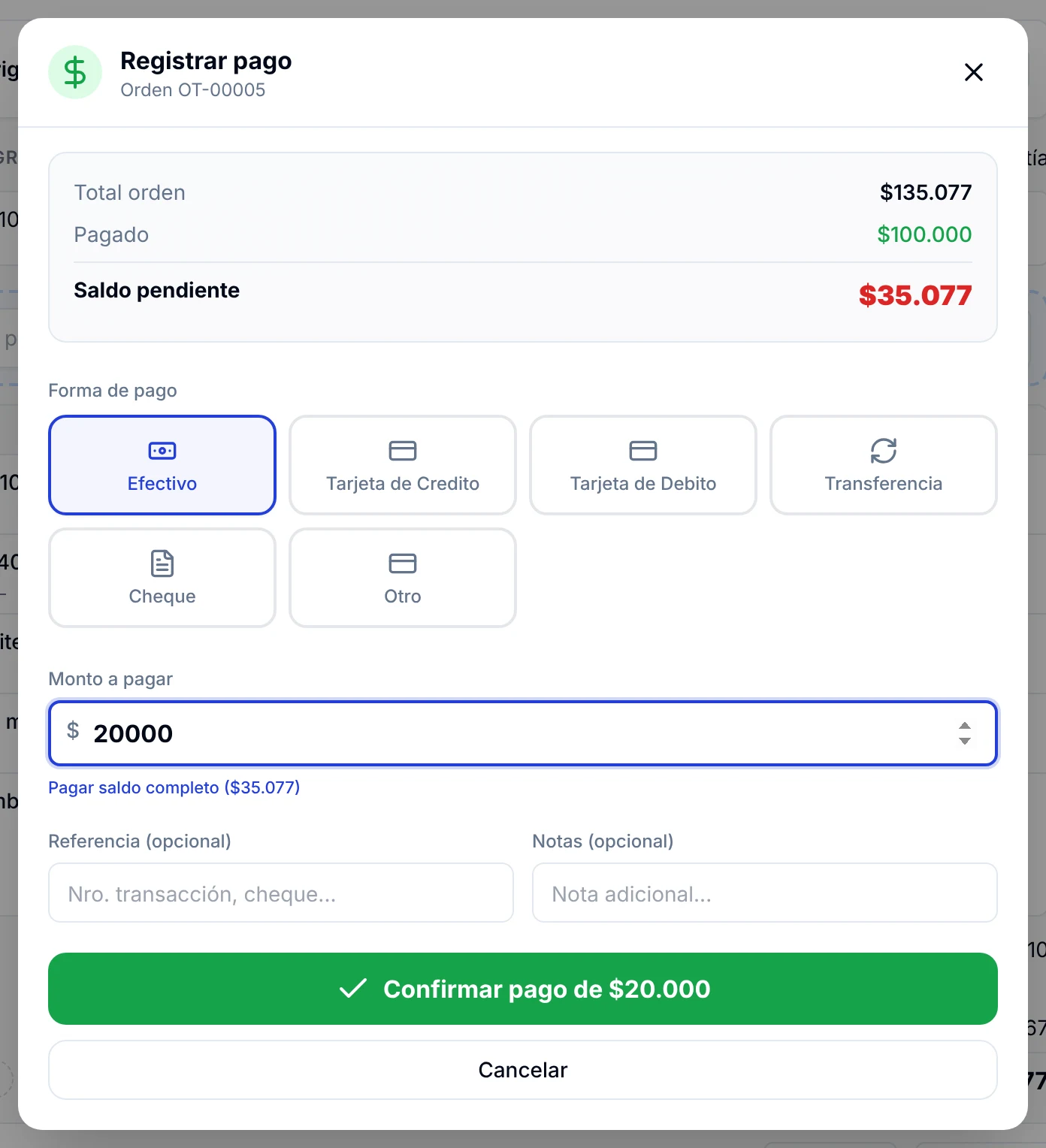 Ventana Registrar pago de una orden con total, pagado y saldo pendiente, la forma de pago y un abono de 20.000 pesos