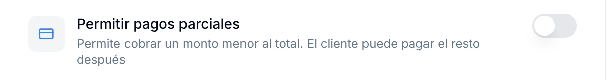 Opción Permitir pagos parciales en los ajustes del Punto de Venta, con su interruptor