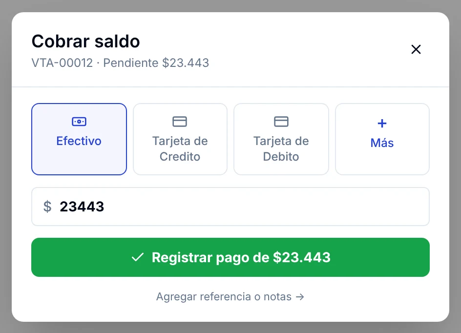Ventana Cobrar saldo de una venta con las formas de pago, el monto pendiente y el botón Registrar pago