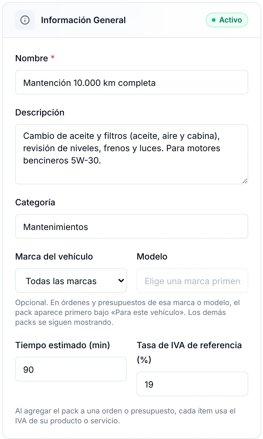 Formulario para crear un paquete de mantenimiento en ServitechCloud: nombre, descripción, categoría, vehículo y tiempo estimado