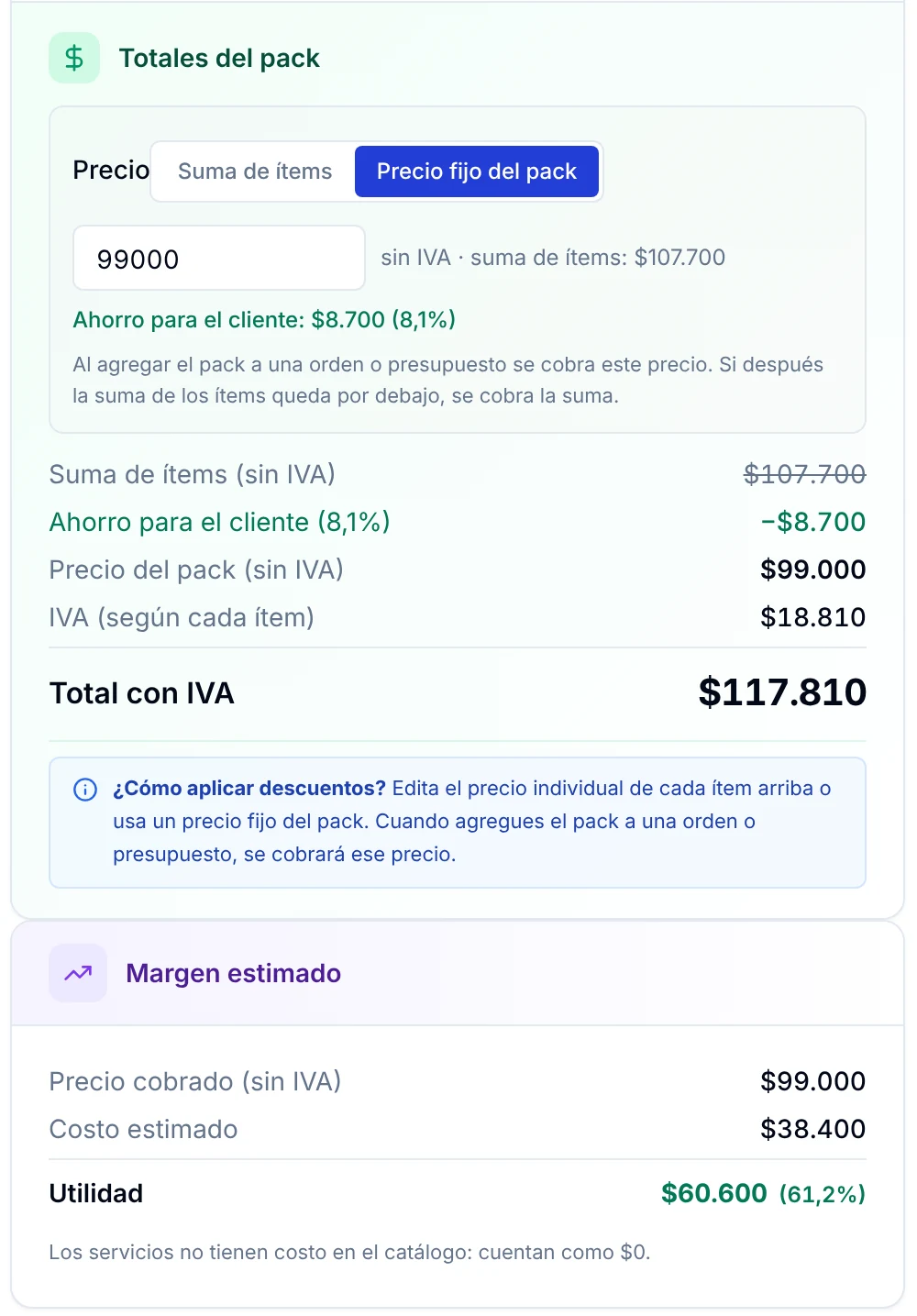 Precio fijo del paquete de mantenimiento con el ahorro para el cliente, el total con IVA y el margen estimado