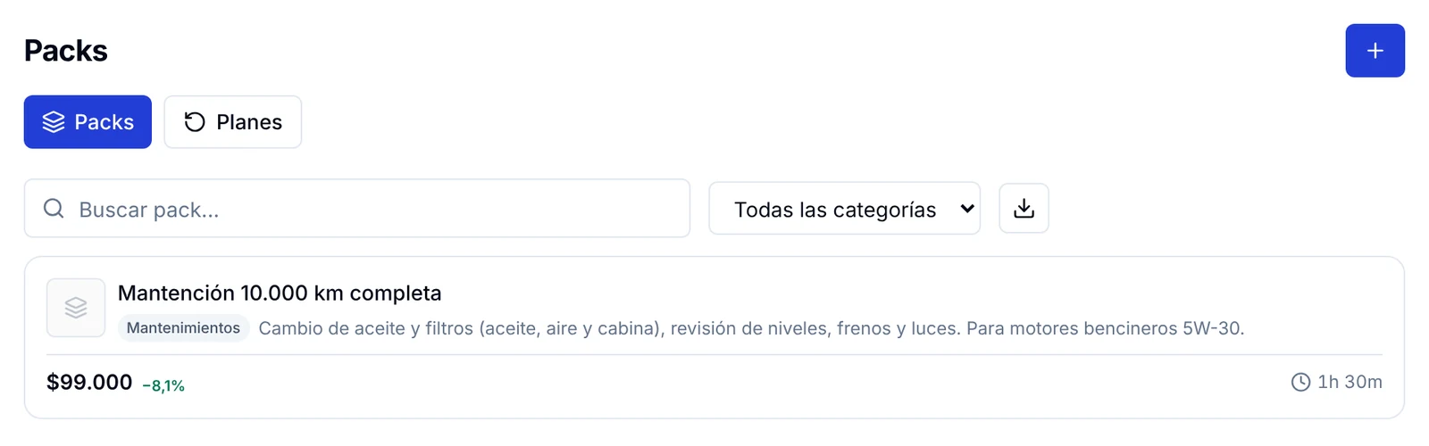 Listado de packs del taller con el paquete de mantenimiento, su precio, el ahorro y el tiempo estimado