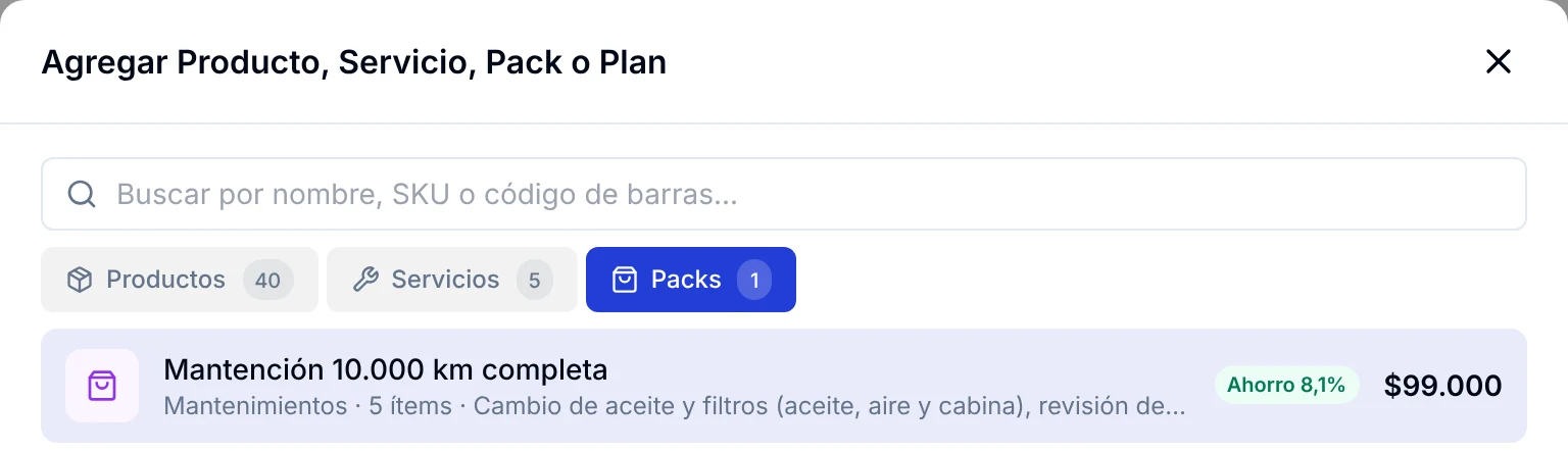 Ventana Catálogo de un presupuesto con la pestaña Packs y el paquete de mantenimiento listo para agregar