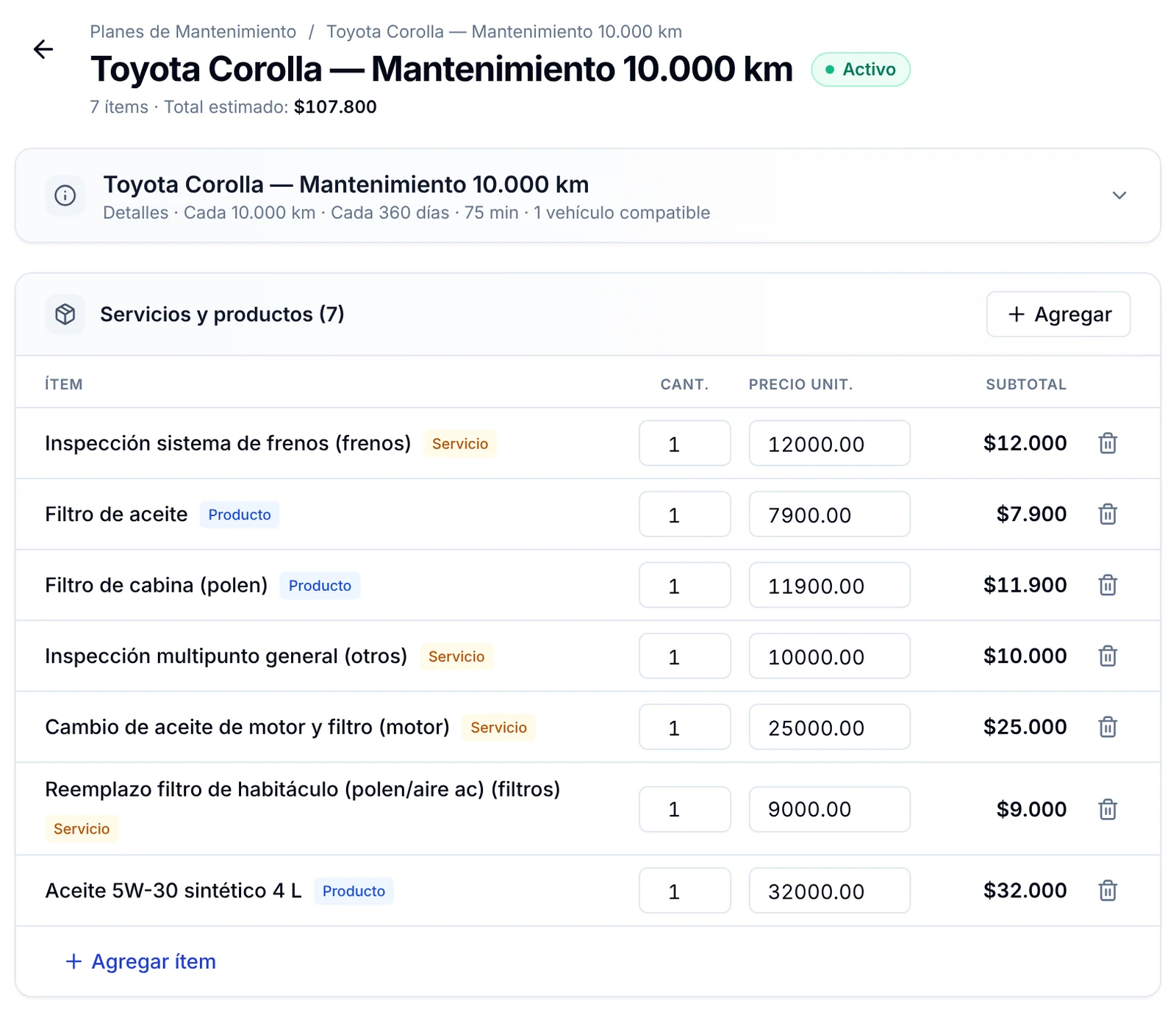 Plan de mantenimiento de 10.000 km con sus servicios, repuestos y precios, por un total estimado de $107.800