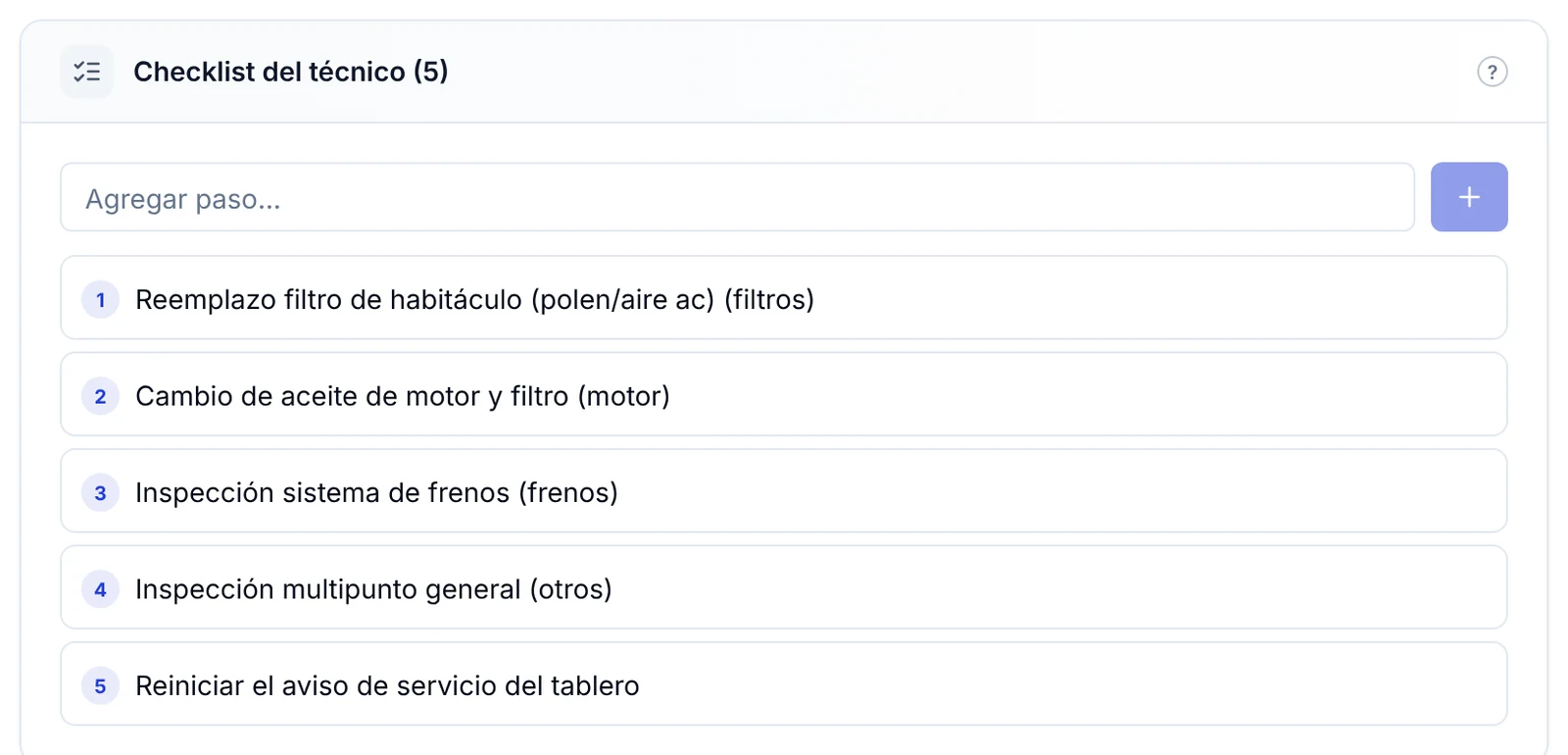 Checklist del técnico de un plan de mantenimiento, con cinco pasos que incluyen reiniciar el aviso de servicio del tablero