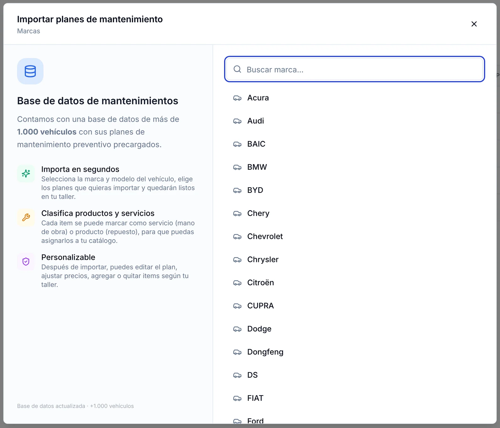 Ventana Importar planes de mantenimiento con el buscador y la lista de marcas disponibles