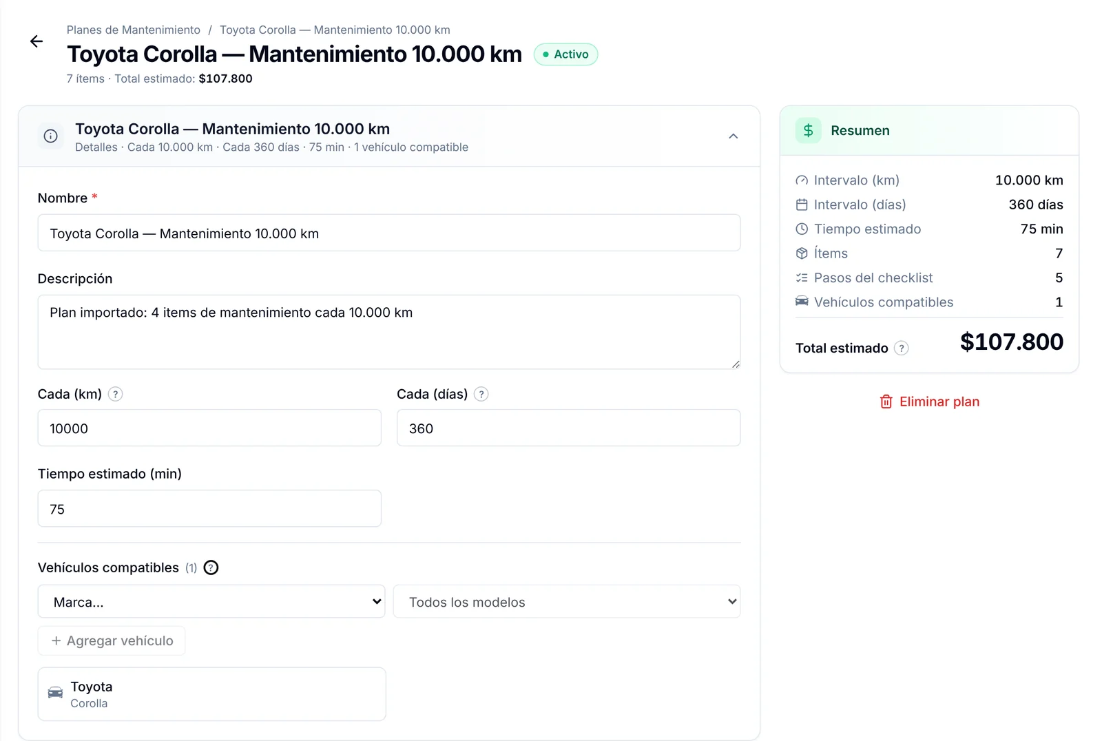 Detalles de un plan de mantenimiento con el intervalo de 10.000 km y 360 días, el tiempo estimado y el Toyota Corolla como vehículo compatible
