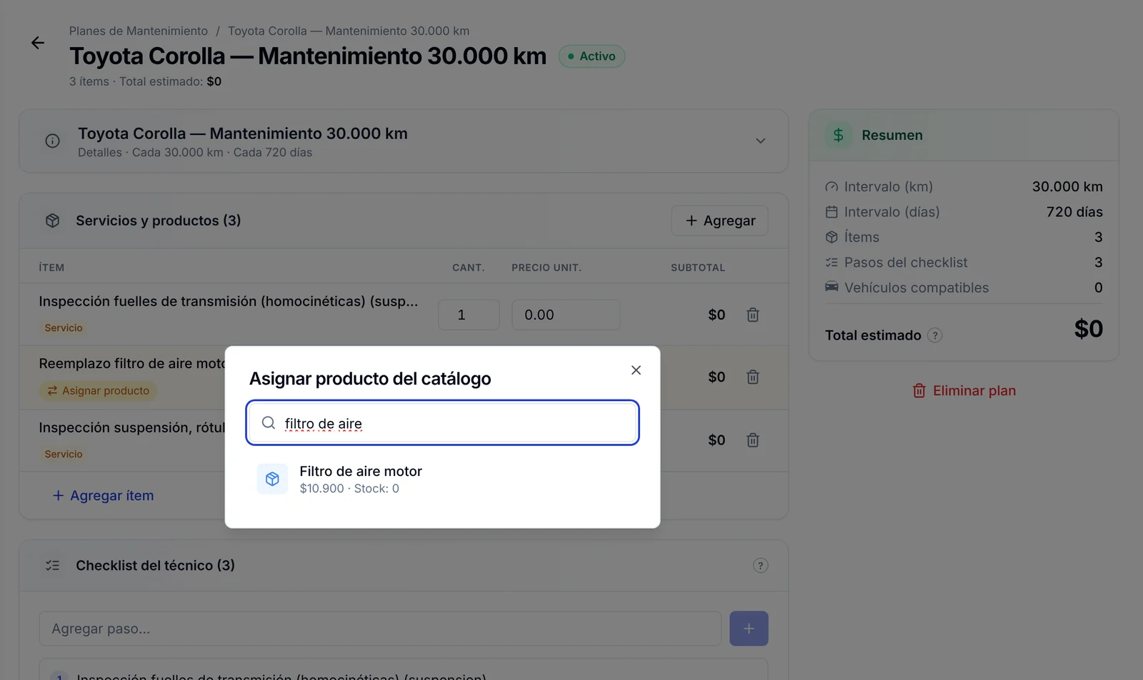Ventana Asignar producto del catálogo con la búsqueda de filtro de aire sobre un plan de 30.000 km
