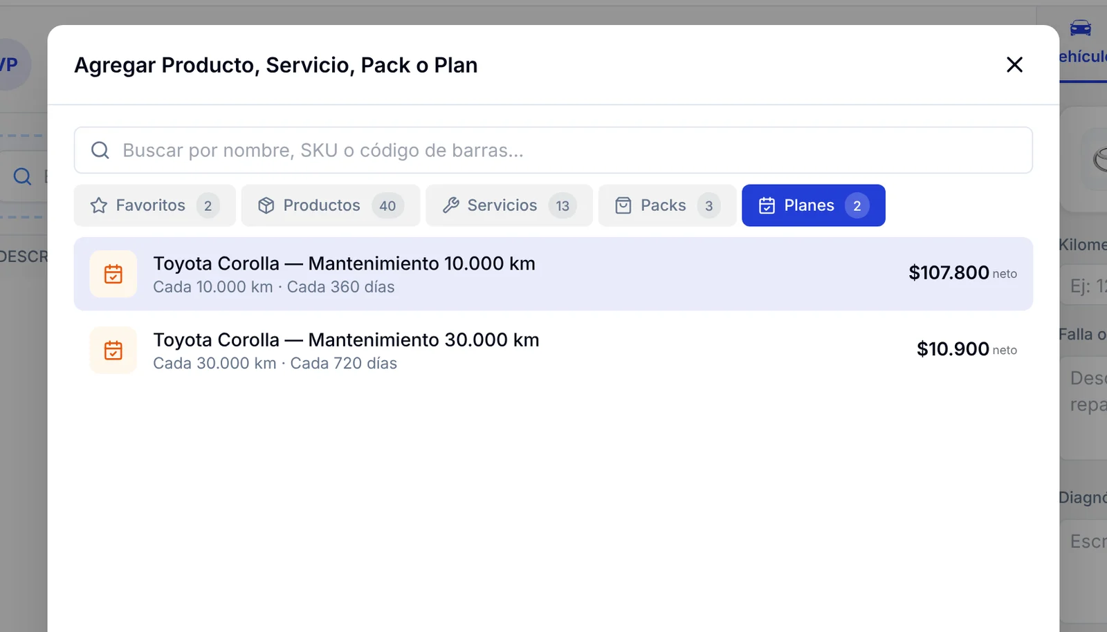 Pestaña Planes del catálogo de un presupuesto con los planes de 10.000 km y 30.000 km y su precio neto