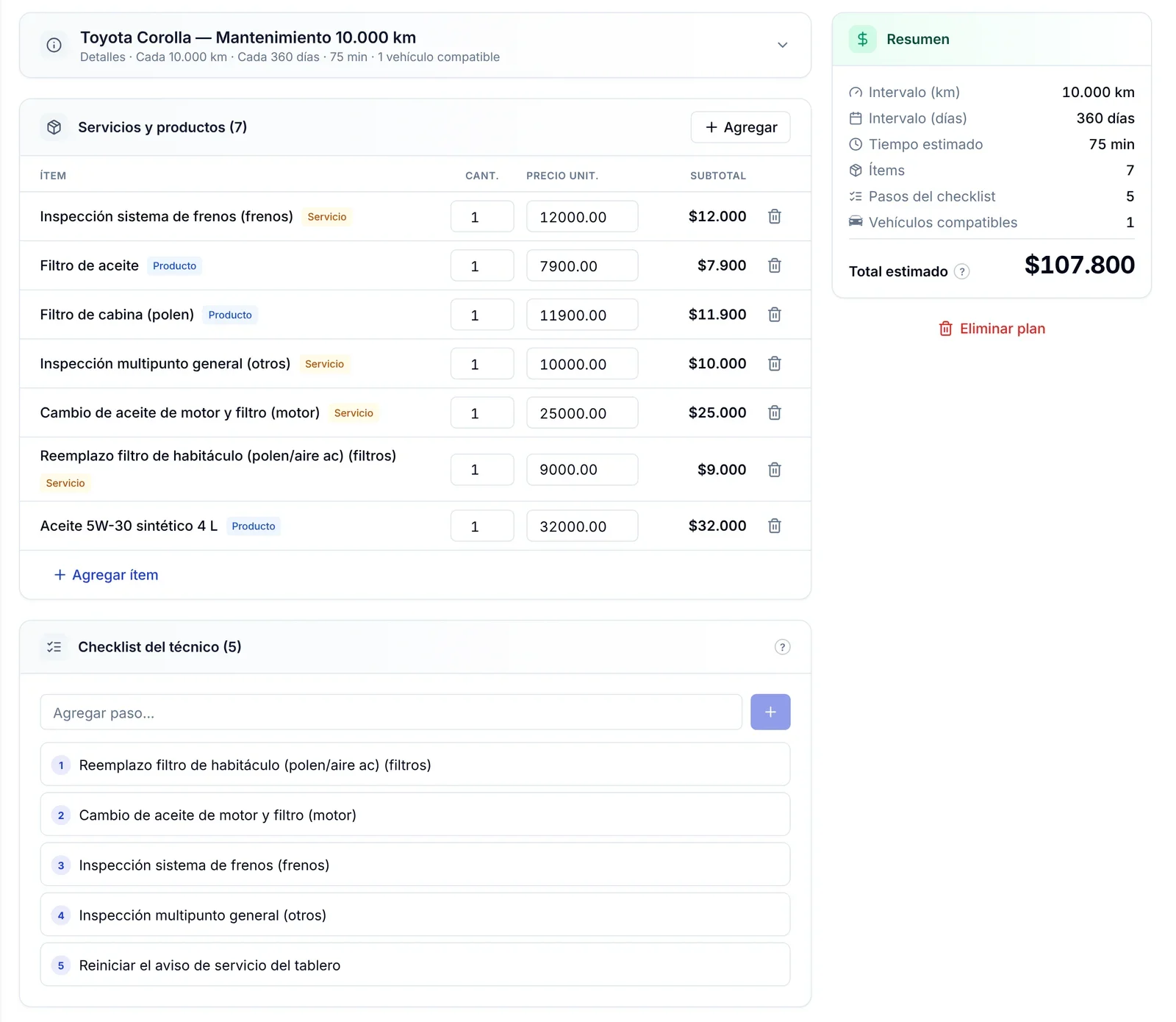 Plan de mantenimiento con siete servicios y productos con precio, el checklist del técnico de cinco pasos y el resumen con el total estimado