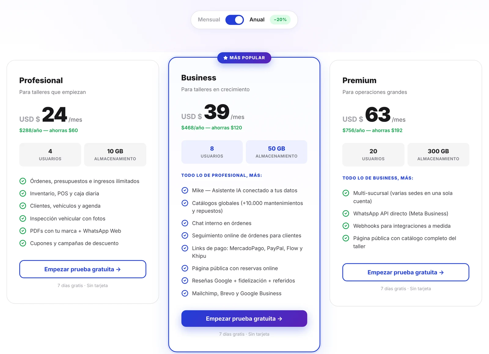 Página de precios con los planes Profesional, Business y Premium, sus usuarios, almacenamiento y funciones
