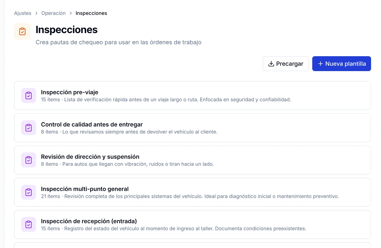 Pantalla Ajustes, Inspecciones con la lista de plantillas y los botones Precargar y Nueva plantilla