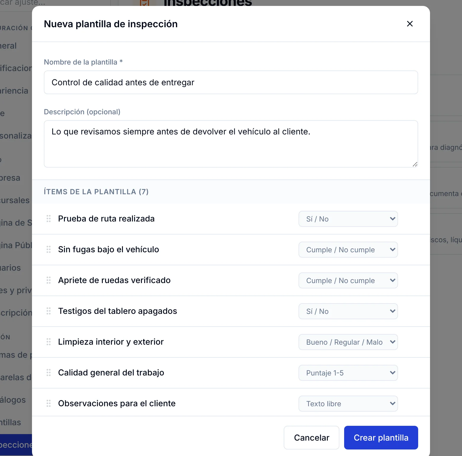 Plantilla Control de calidad antes de entregar con siete ítems y sus tipos de respuesta antes de crearla