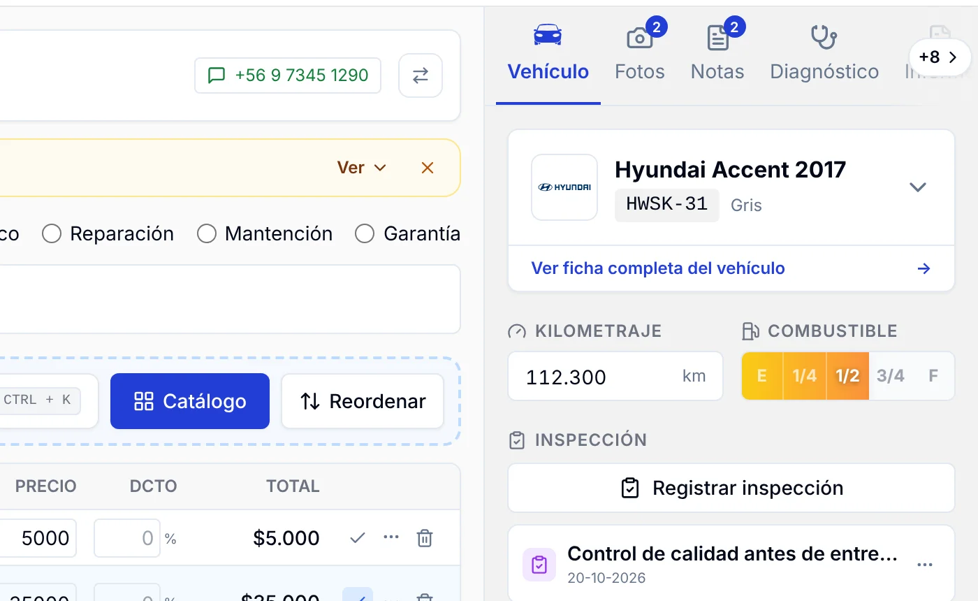 Pestaña Vehículo de la orden con la sección Inspección, el botón Registrar inspección y una inspección guardada