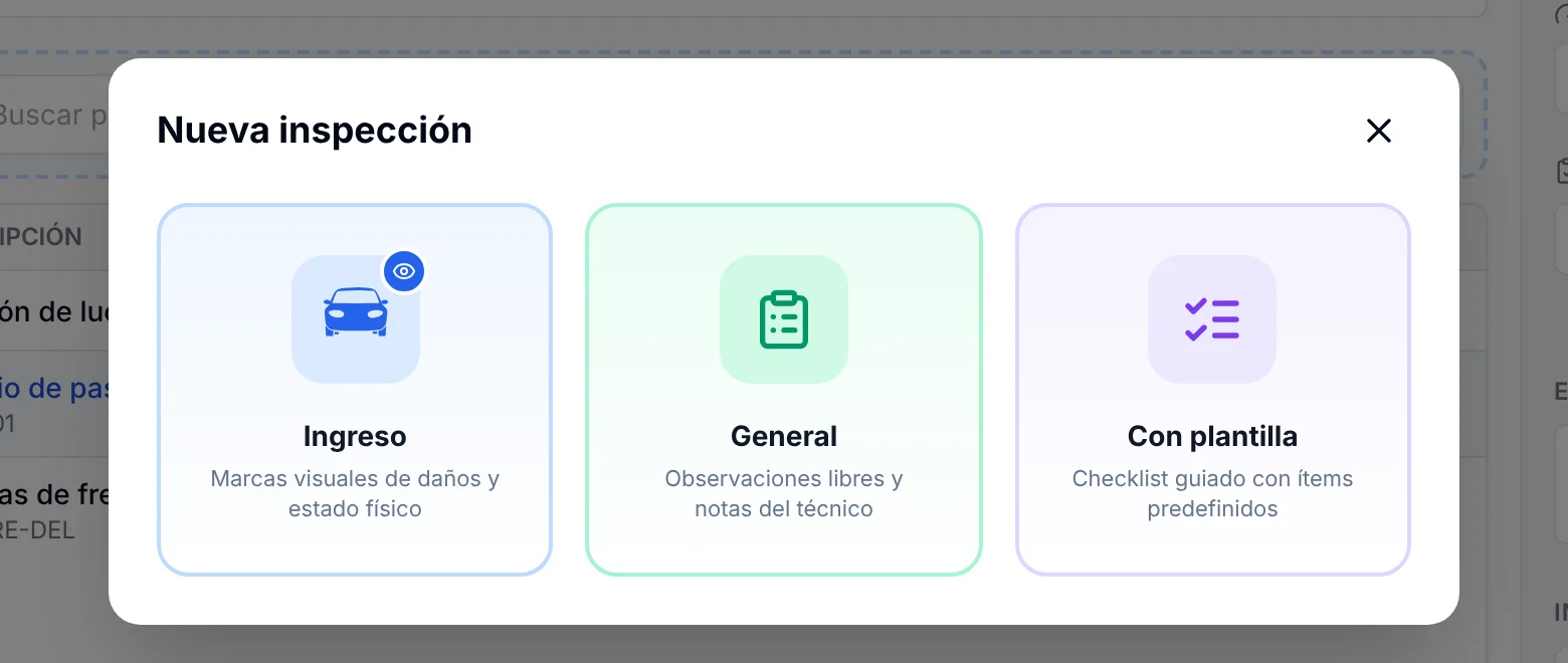 Ventana Nueva inspección con las opciones Ingreso, General y Con plantilla
