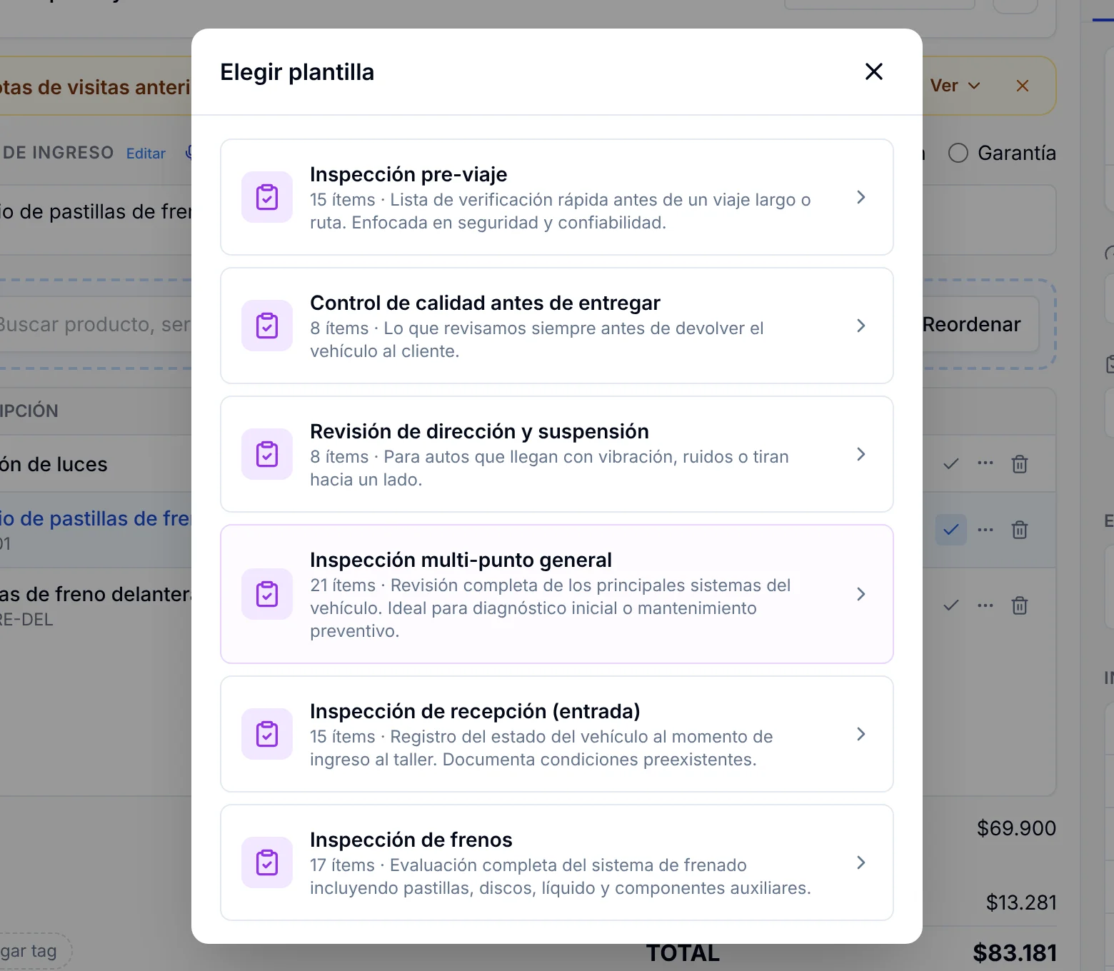 Ventana Elegir plantilla con la lista de plantillas del taller, incluida Control de calidad antes de entregar