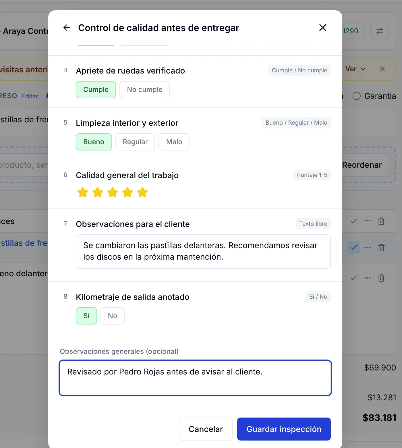 Checklist Control de calidad antes de entregar respondido con Cumple, Bueno, cinco estrellas y observaciones
