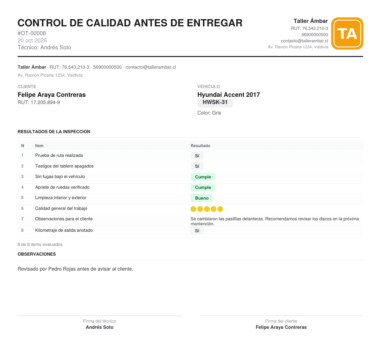 PDF del Control de calidad antes de entregar con el cliente, el vehículo y los resultados de los ocho ítems