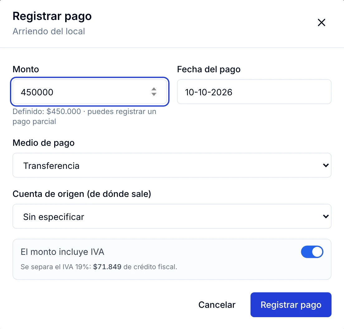 Ventana Registrar pago del arriendo del local, con monto, fecha, medio de pago y separación del IVA