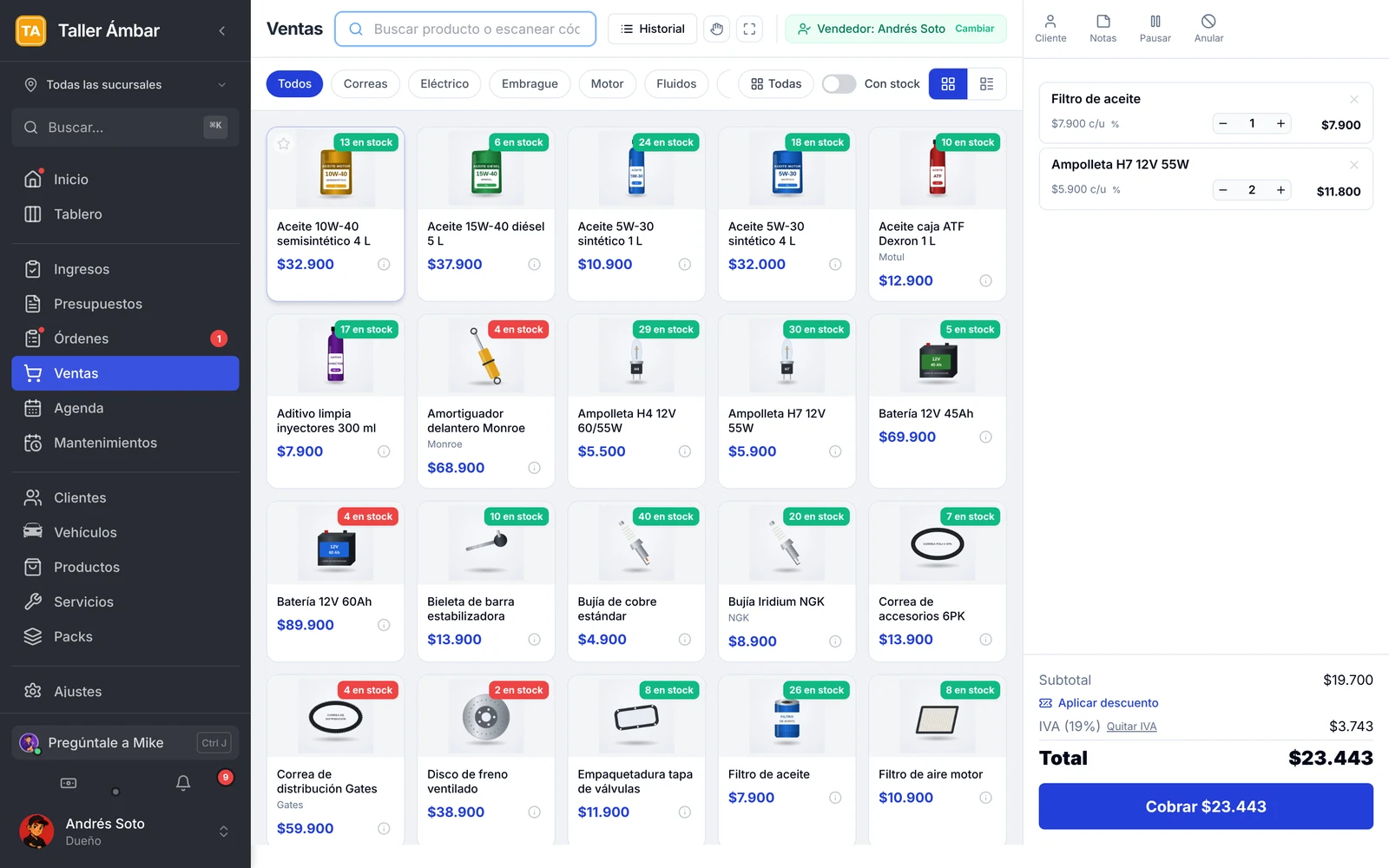 Pantalla de Ventas con el catálogo de productos a la izquierda y el carrito con dos productos a la derecha