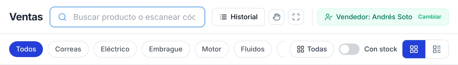Barra superior de Ventas con el buscador, el botón Historial, los filtros de categoría y el interruptor Con stock