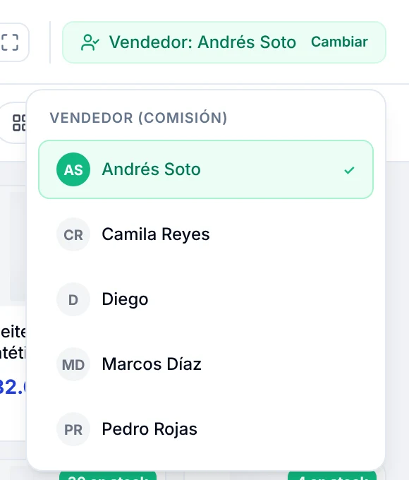 Lista Vendedor (comisión) desplegada con los usuarios del taller y el vendedor actual marcado
