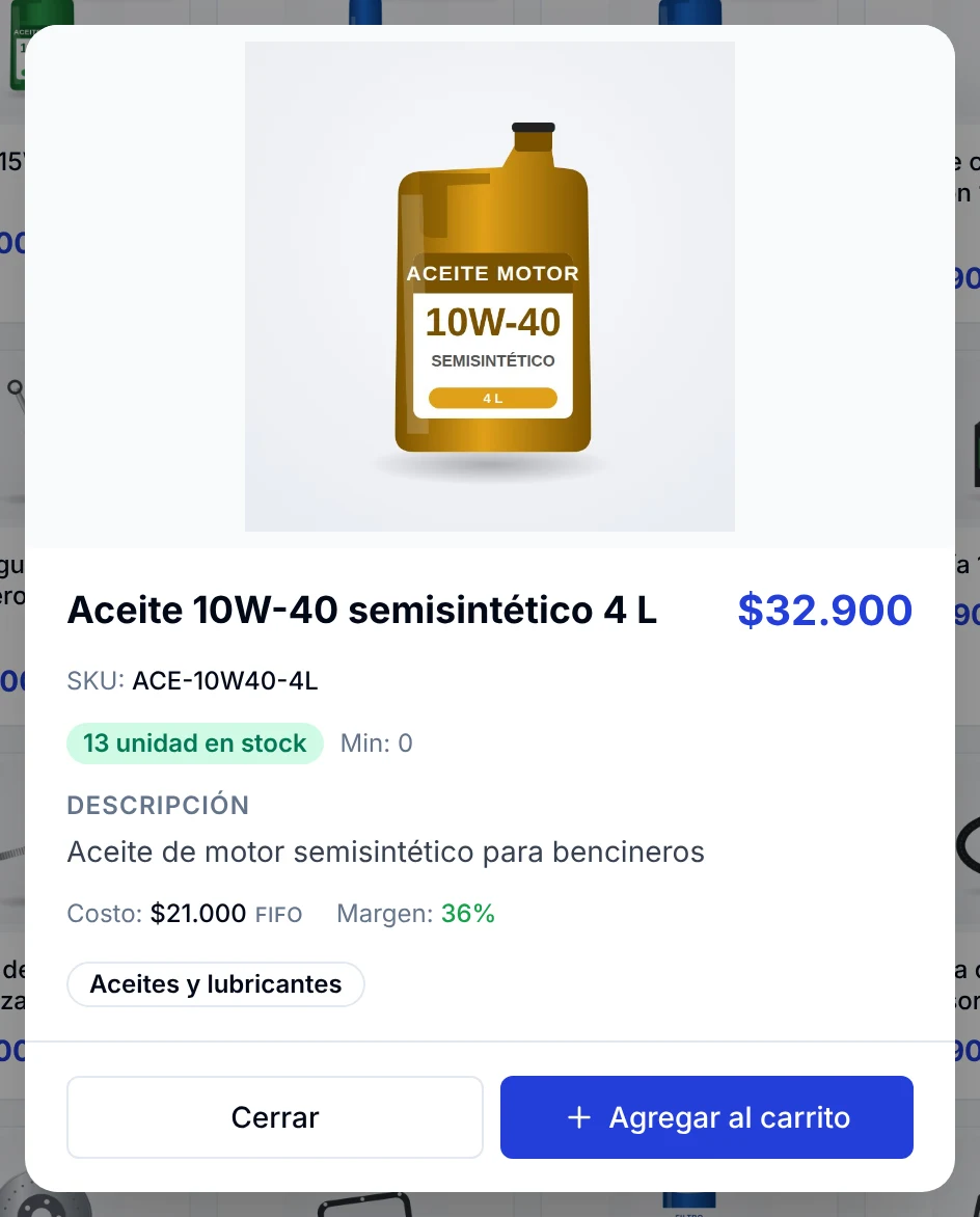 Detalle de un producto con SKU, unidades en stock, costo, margen y el botón Agregar al carrito