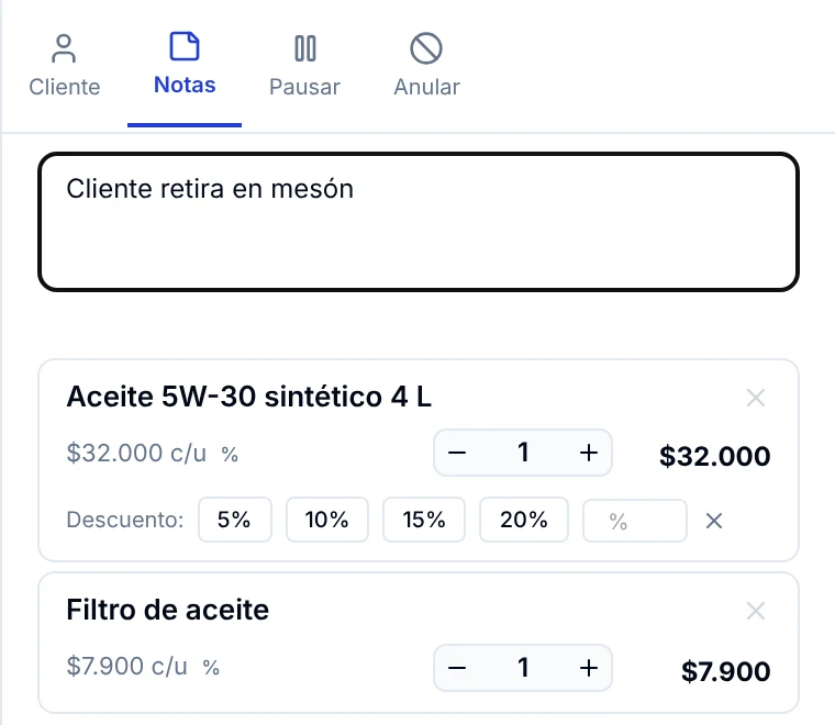 Carrito con la nota de la venta escrita y el descuento por línea desplegado en un producto