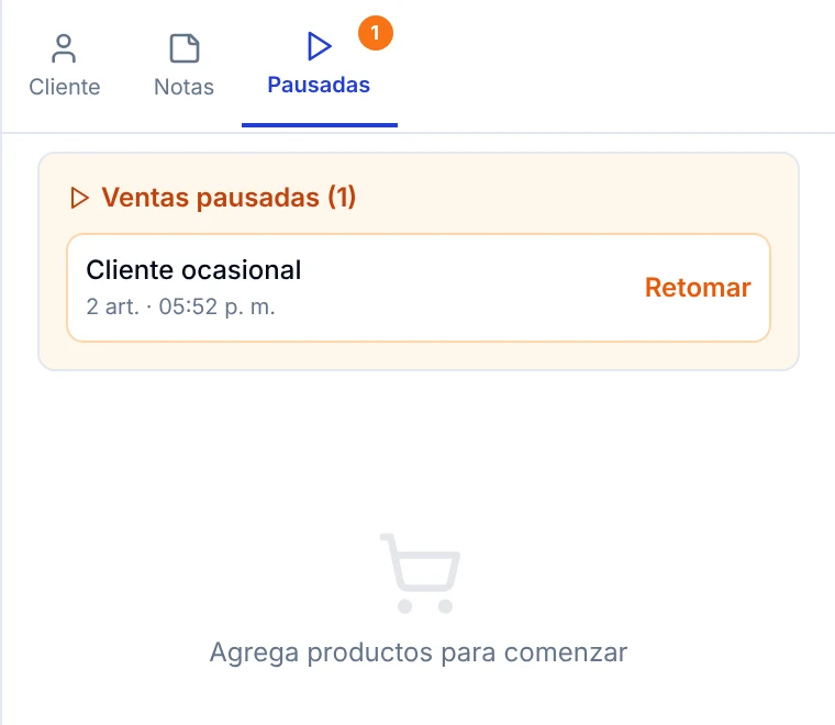 Lista Ventas pausadas con una venta de cliente ocasional y el botón Retomar