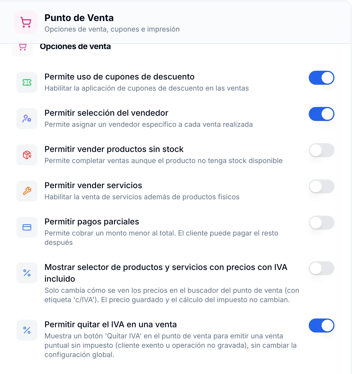 Opciones de venta del módulo Punto de Venta en Ajustes, con interruptores para cupones, vendedor, stock, servicios y pagos parciales
