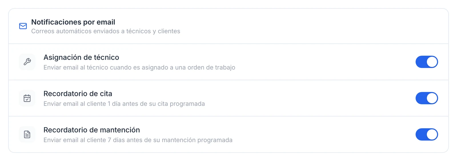 Tarjeta Notificaciones por email con el interruptor Recordatorio de cita activado