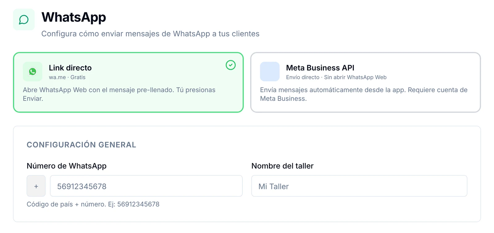Ajustes de WhatsApp con las opciones Link directo y Meta Business API y el número del taller