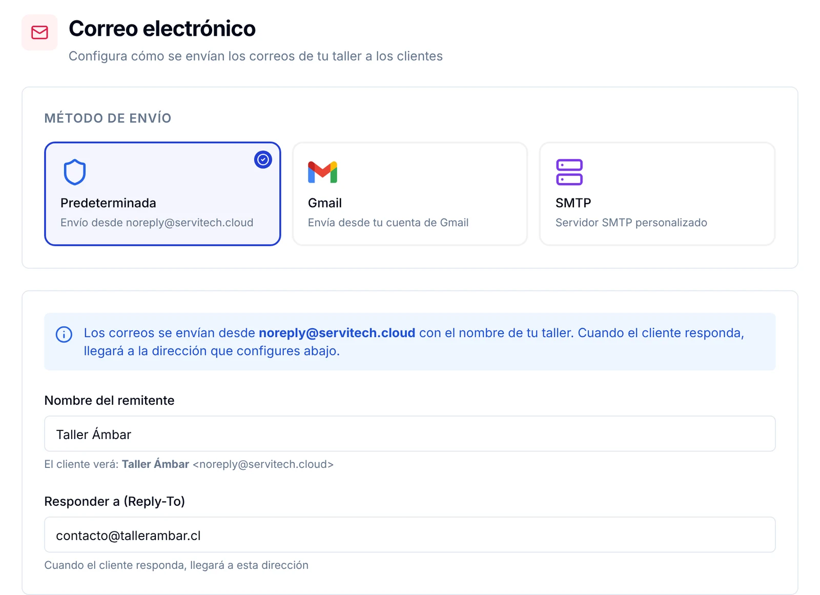 Ajustes de Correo electrónico con los métodos de envío y los campos Nombre del remitente y Responder a