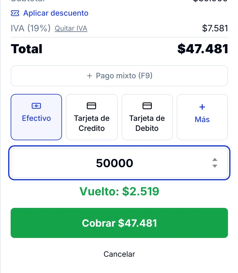 Panel de cobro con las formas de pago, 50.000 pesos recibidos en efectivo y el vuelto calculado