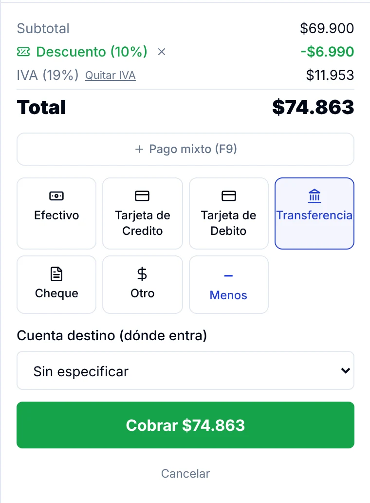 Cobro con Transferencia seleccionada y el campo Cuenta destino para indicar a qué cuenta entra el dinero