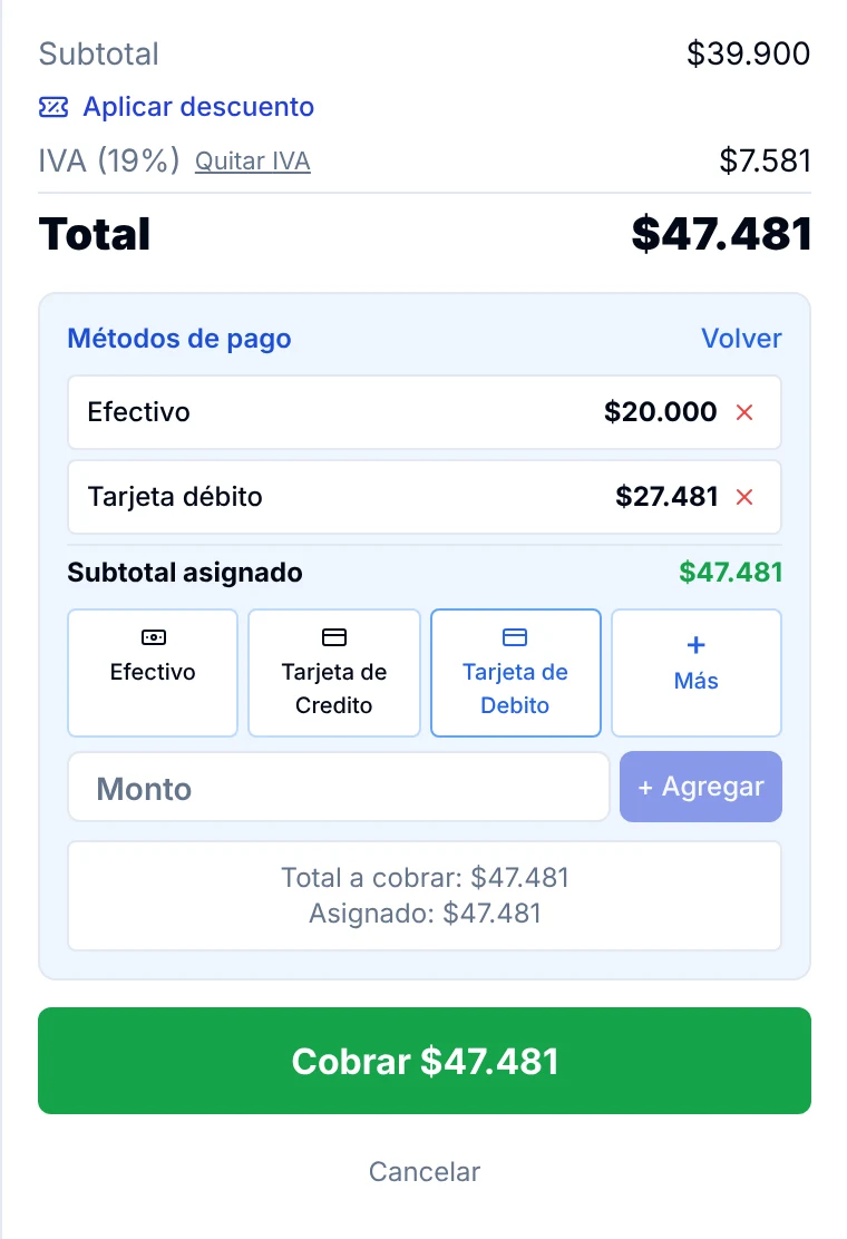 Pago mixto con 20.000 pesos en efectivo y 27.481 pesos con tarjeta de débito, que suman el total de la venta