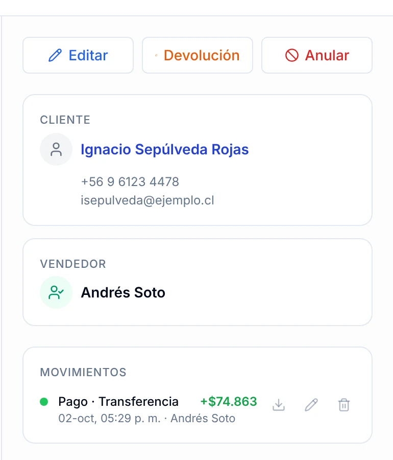 Detalle de una venta con los bloques Cliente, Vendedor y Movimientos, donde figura el pago por transferencia