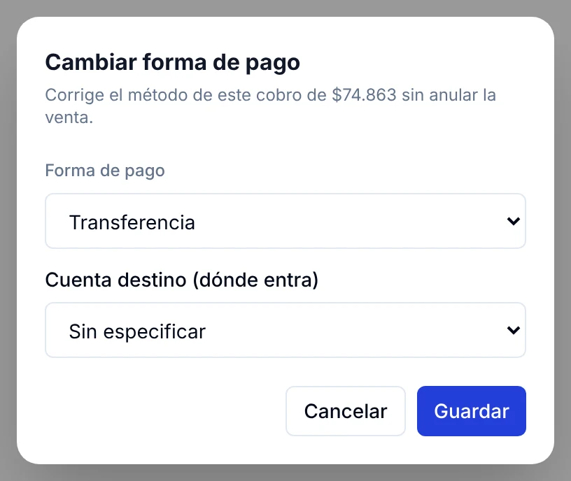 Ventana Cambiar forma de pago con la lista de métodos y la cuenta destino