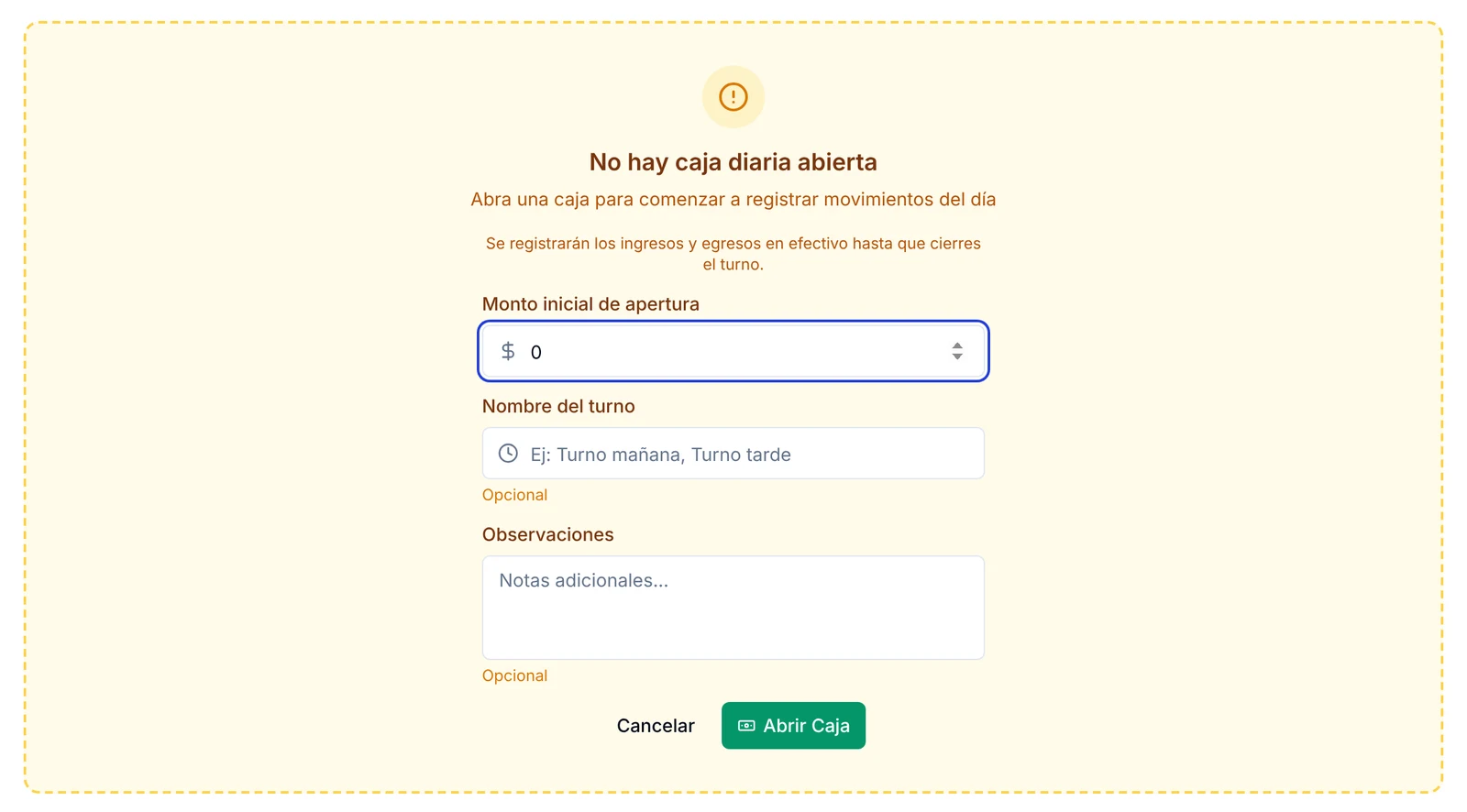 Formulario para abrir la caja diaria con monto inicial de apertura, nombre del turno y observaciones
