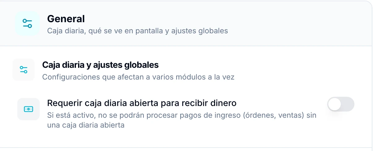Opción Requerir caja diaria abierta para recibir dinero, en la sección General de Personalización