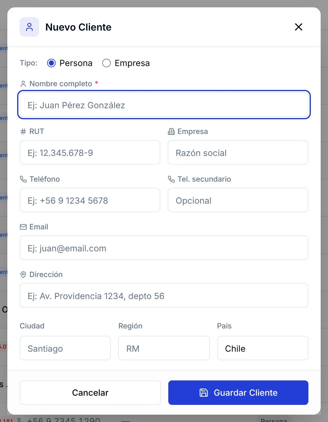 Ventana Nuevo Cliente con el formulario vacío