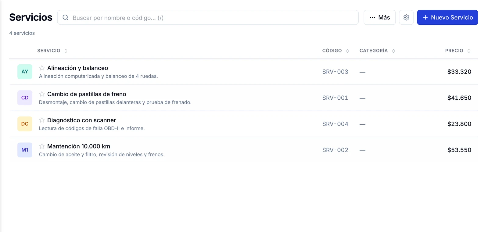Lista de Servicios con el buscador, el menú Más y el botón Nuevo Servicio