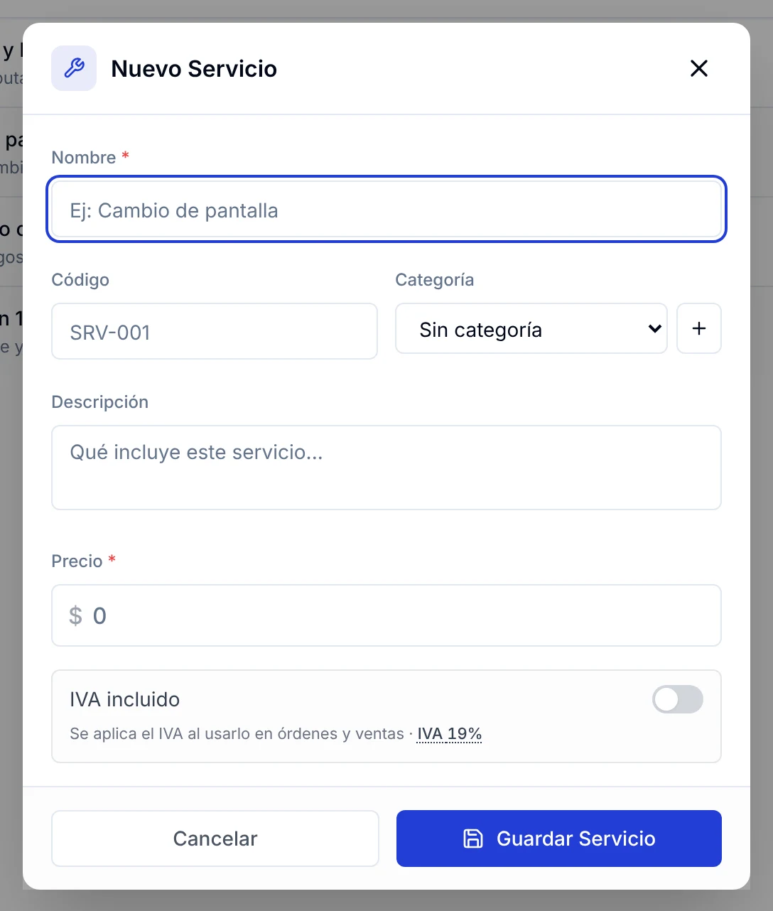 Formulario Nuevo Servicio vacío con nombre, código, categoría, descripción y precio