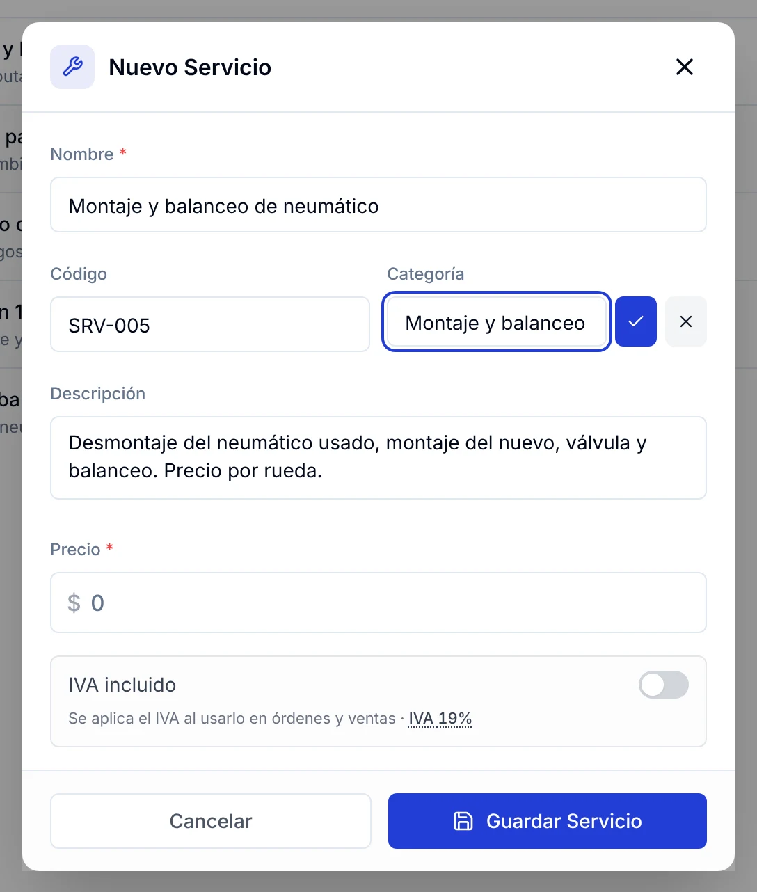 Formulario Nuevo Servicio con el campo para escribir una categoría nueva