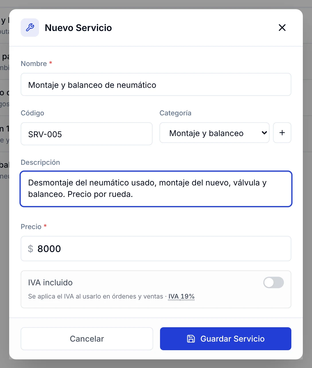 Formulario Nuevo Servicio completo con categoría elegida y precio de 8000