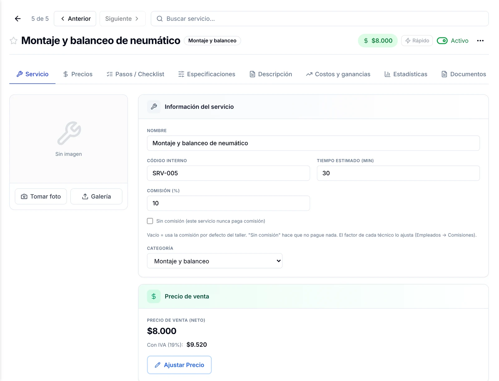 Ficha de un servicio con información del servicio, comisión, categoría y precio de venta