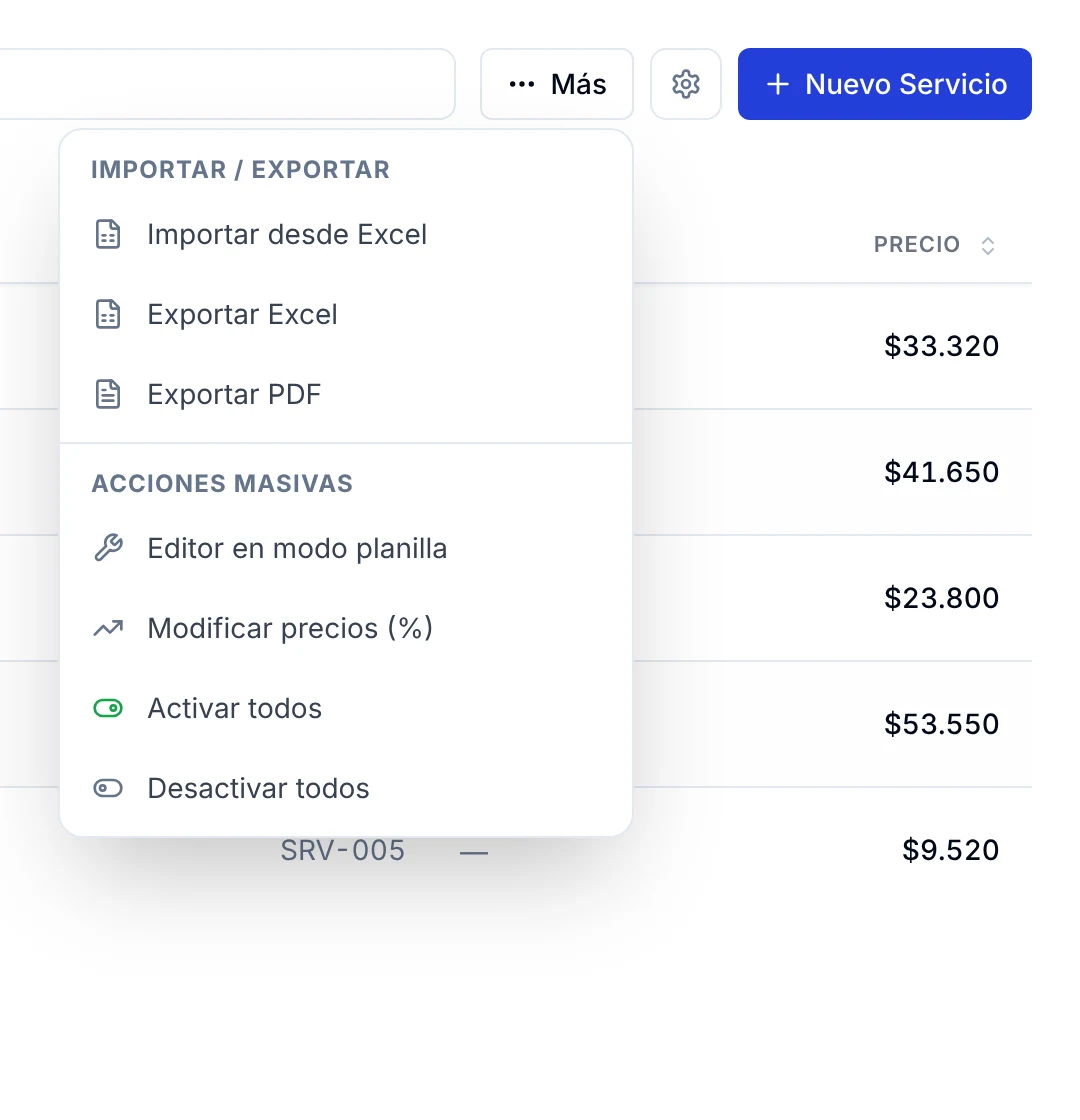 Menú Más de Servicios con Importar y exportar, y Acciones masivas