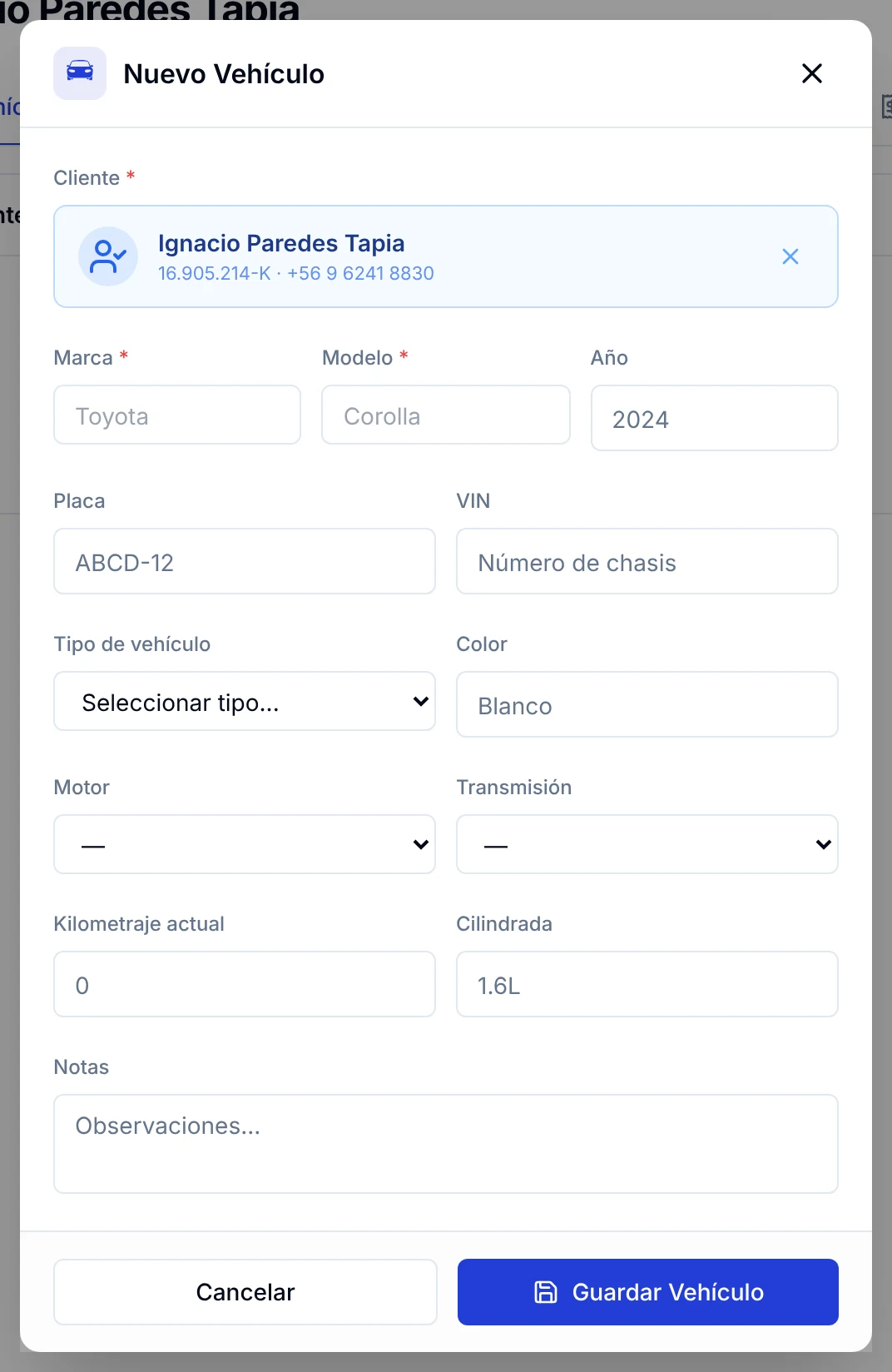 Ventana Nuevo Vehículo con el cliente ya seleccionado y los campos vacíos