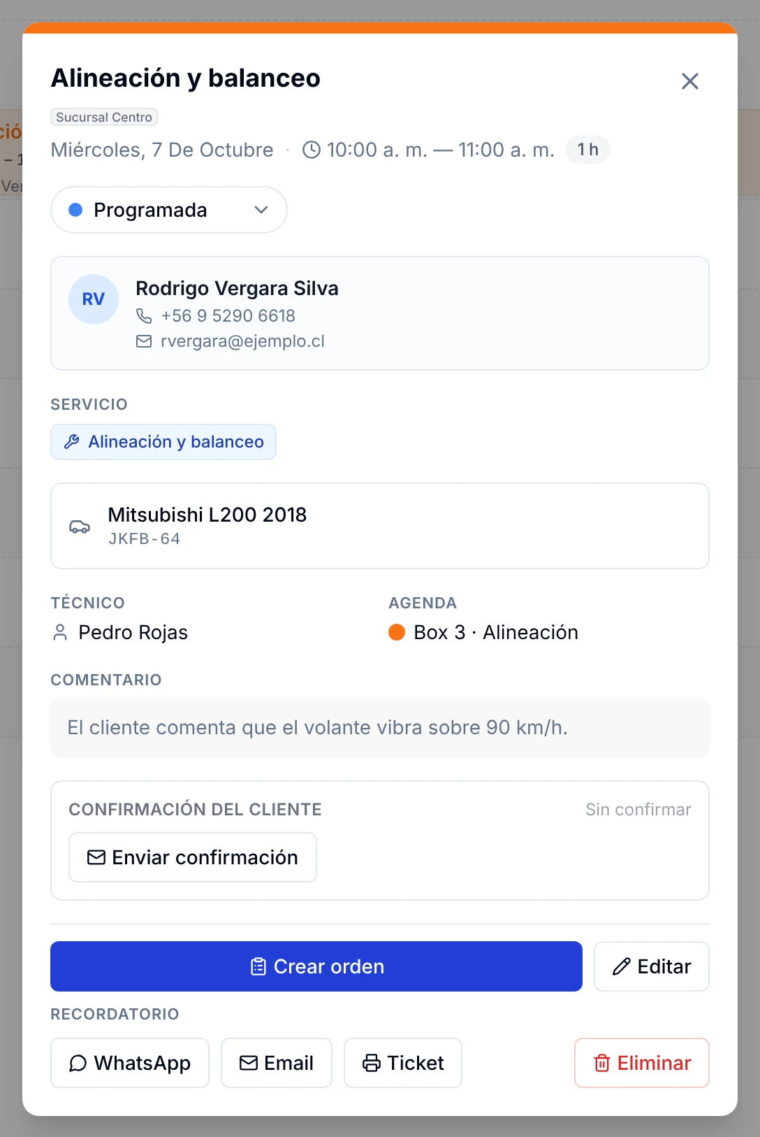 Detalle de una cita con el estado, el cliente, el vehículo y los botones Crear orden, Editar y Eliminar